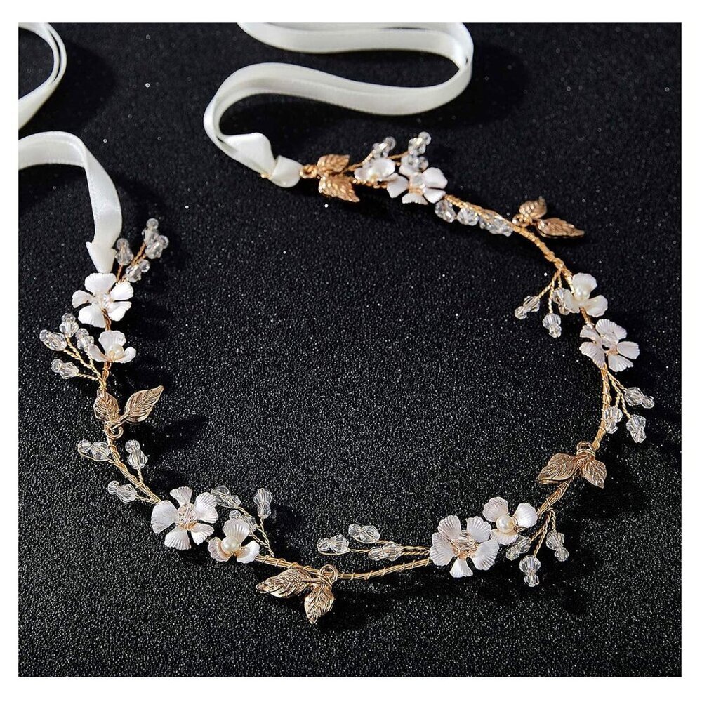 Wedding Headband Floral Leaf Bridal Hair Accessory Ivory Pearls Gold
